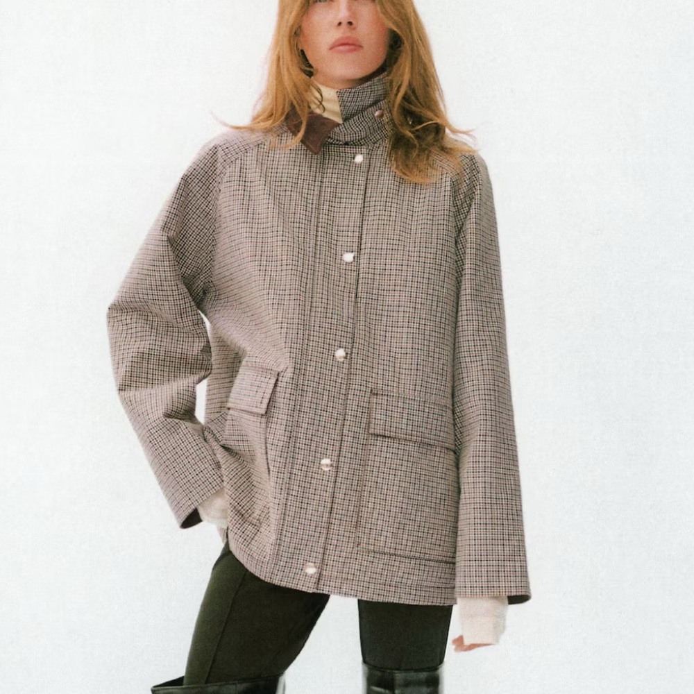 H&M Checkered/ Plain Jacket With Corduroy Collar Brown/ Navy print NWT - Picture 2 of 7